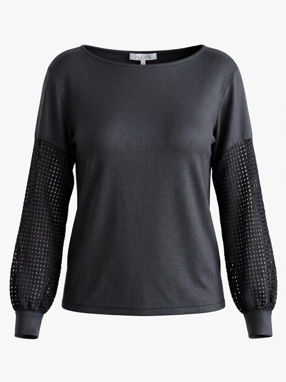 ALEXIS Black Boatneck Top Crochet Mesh Knit Long Sleeve Sz S Made in USA